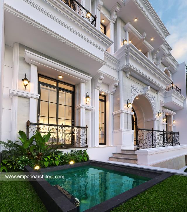 Desain Tampak Detail Depan Rumah Mediteran 3 Lantai Ibu DBB di Jakarta Utara