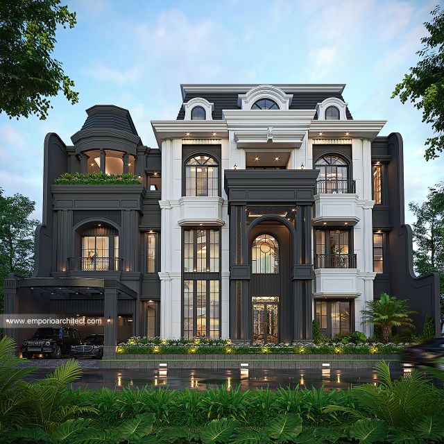 Desain Tampak Depan Rumah Mediteran 3 Lantai Ibu FNN di Palembang