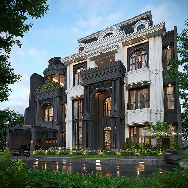 Desain Tampak Depan 2 Rumah Mediteran 3 Lantai Ibu FNN di Palembang