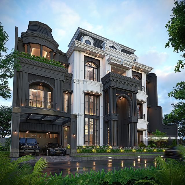 Desain Tampak Depan 3 Rumah Mediteran 3 Lantai Ibu FNN di Palembang