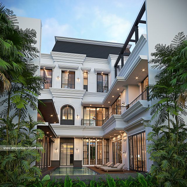Desain Tampak Depan Belakang Rumah Mediteran 3 Lantai Ibu FNN di Palembang