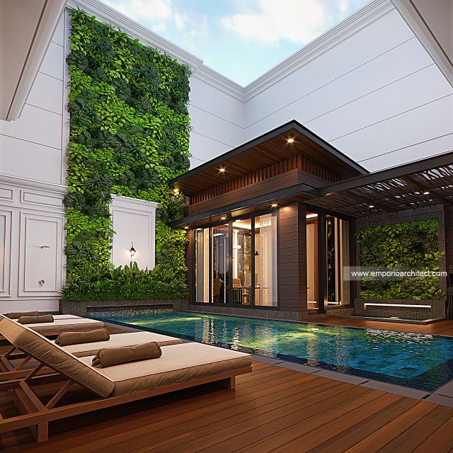 Desain Tampak Detail Belakang 2 Rumah Mediteran 3 Lantai Ibu FNN di Palembang