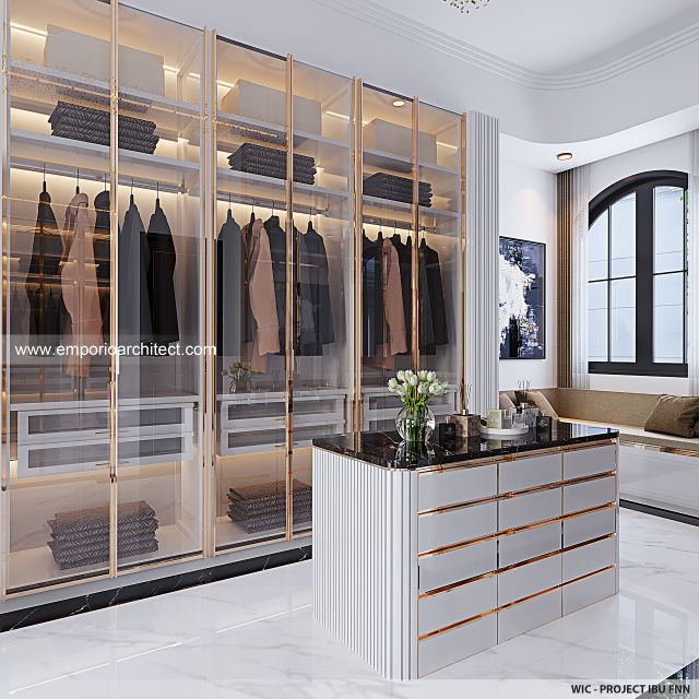 Desain Walk In Closet Rumah Mediteran 3 Lantai Ibu FNN di Palembang