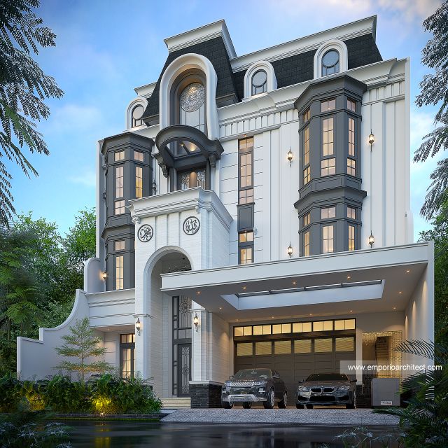 Desain Tampak Depan 2 Rumah Mediteran 3 Lantai Bapak IVN di Pondok Indah, Jakarta Selatan