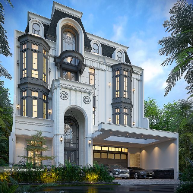 Desain Tampak Depan 3 Rumah Mediteran 3 Lantai Bapak IVN di Pondok Indah, Jakarta Selatan