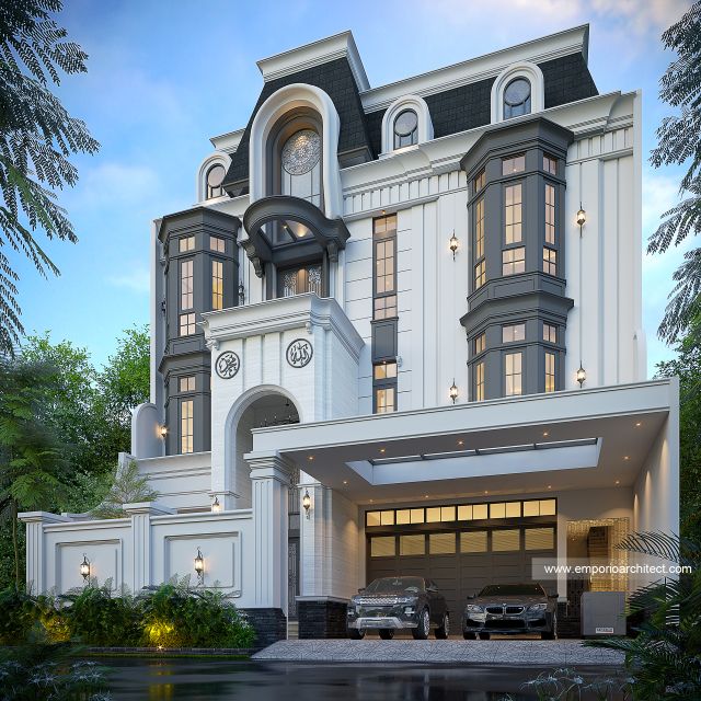 Desain Tampak Depan Dengan Pagar Rumah Mediteran 3 Lantai Bapak IVN di Pondok Indah, Jakarta Selatan
