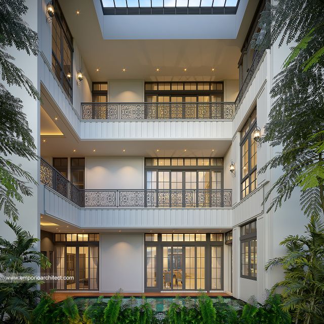 Desain Tampak Belakang Rumah Mediteran 3 Lantai Bapak IVN di Pondok Indah, Jakarta Selatan
