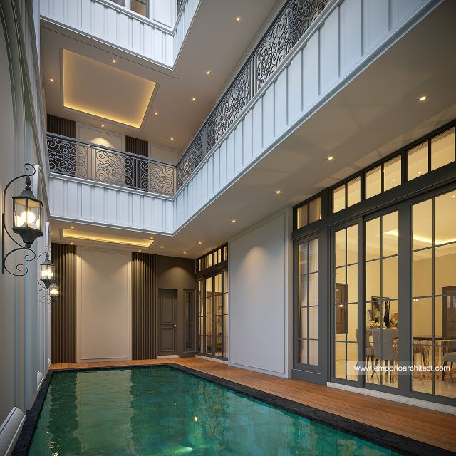 Desain Tampak Detail Belakang Rumah Mediteran 3 Lantai Bapak IVN di Pondok Indah, Jakarta Selatan