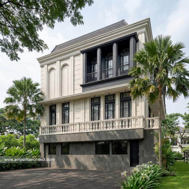 Desain Tampak Belakang Rumah Mediteran 4 Lantai Ibu JL di PIK, Jakarta Utara