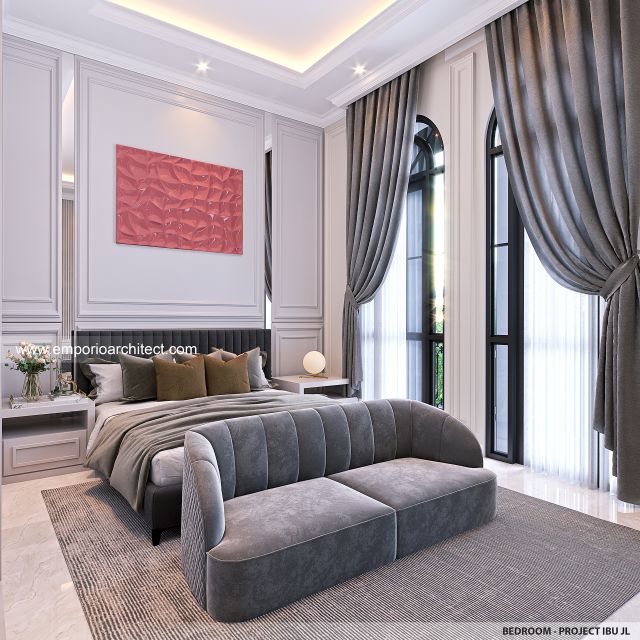 Desain Kamar Tidur Rumah Mediteran 4 Lantai Ibu JL di PIK, Jakarta Utara