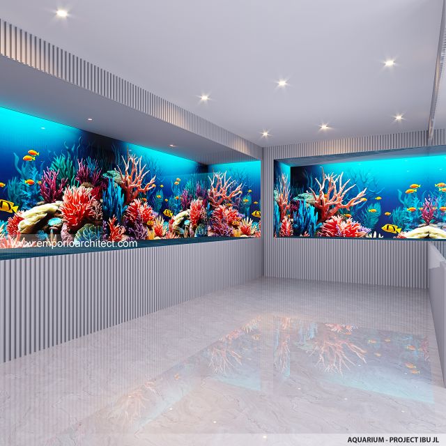 Desain Area Aquarium Rumah Mediteran 4 Lantai Ibu JL di PIK, Jakarta Utara