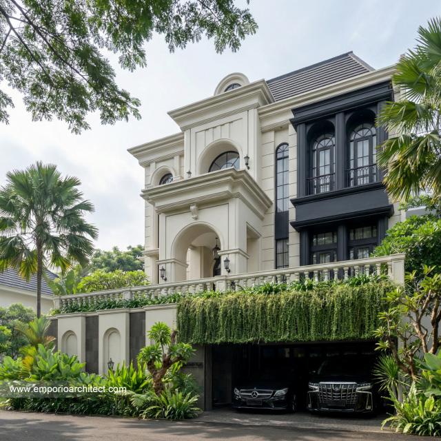 Desain Tampak Depan 2 Rumah Mediteran 4 Lantai Ibu JL di PIK, Jakarta Utara