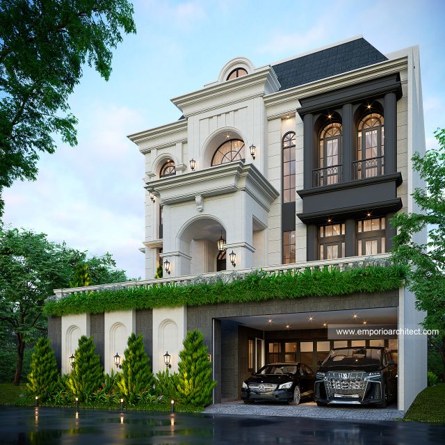 Desain Tampak Depan 2 Rumah Mediteran 4 Lantai Ibu JL di PIK, Jakarta Utara