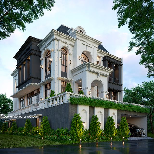 Desain Tampak Depan 3 Rumah Mediteran 4 Lantai Ibu JL di PIK, Jakarta Utara