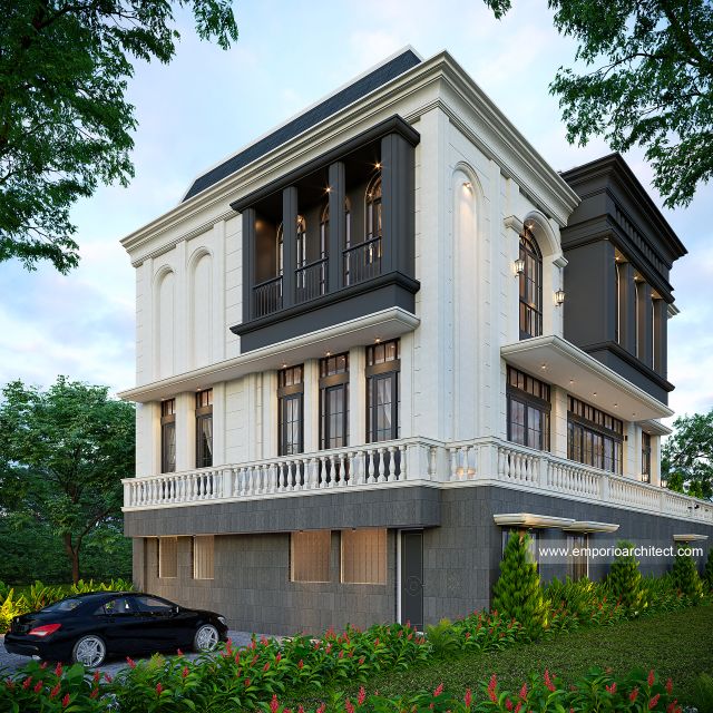 Desain Tampak Belakang Rumah Mediteran 4 Lantai Ibu JL di PIK, Jakarta Utara