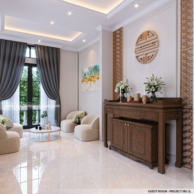 Desain Ruang Tamu Rumah Mediteran 4 Lantai Ibu JL di PIK, Jakarta Utara