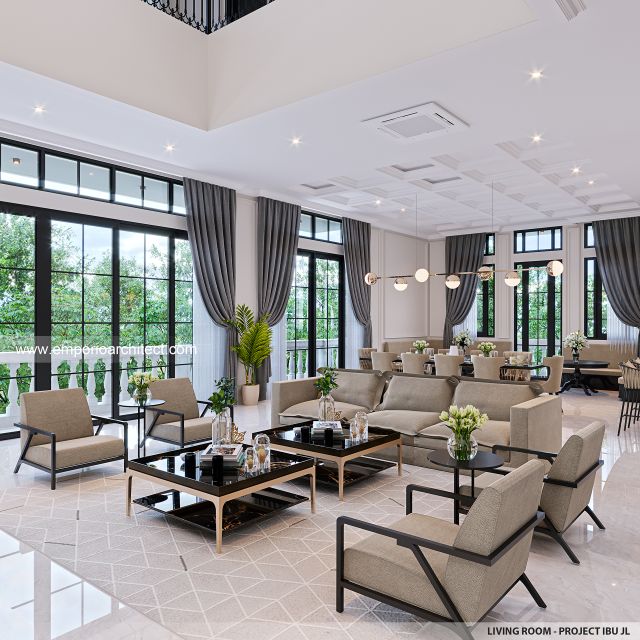 Desain Ruang Keluarga Rumah Mediteran 4 Lantai Ibu JL di PIK, Jakarta Utara