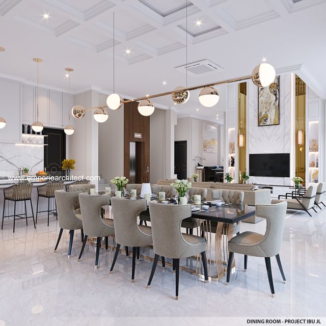 Desain Ruang Makan Rumah Mediteran 4 Lantai Ibu JL di PIK, Jakarta Utara