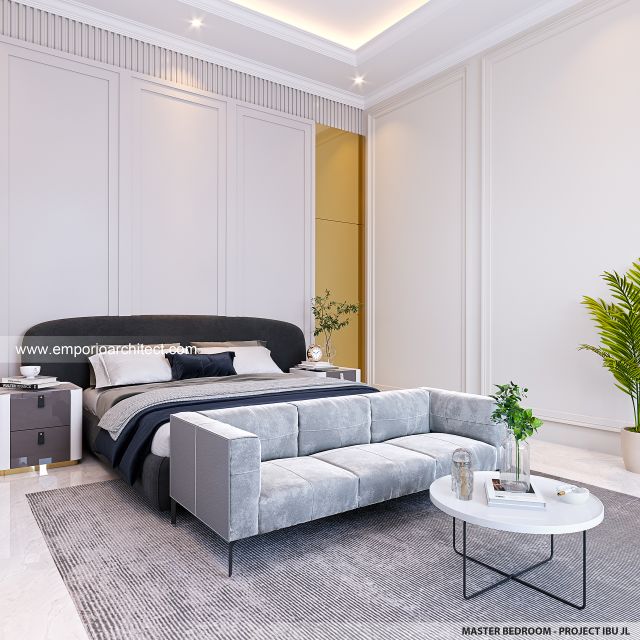 Desain Kamar Tidur Utama Rumah Mediteran 4 Lantai Ibu JL di PIK, Jakarta Utara