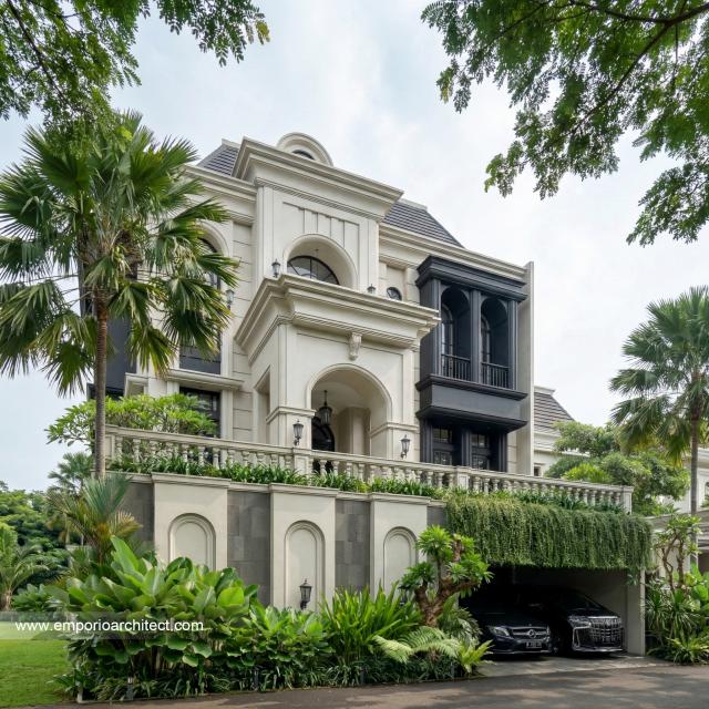 Desain Tampak Depan 3 Rumah Mediteran 4 Lantai Ibu JL di PIK, Jakarta Utara