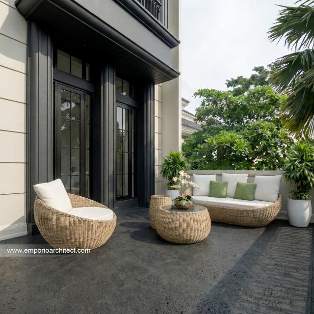 Desain Tampak Detail Depan 2 Rumah Mediteran 4 Lantai Ibu JL di PIK, Jakarta Utara