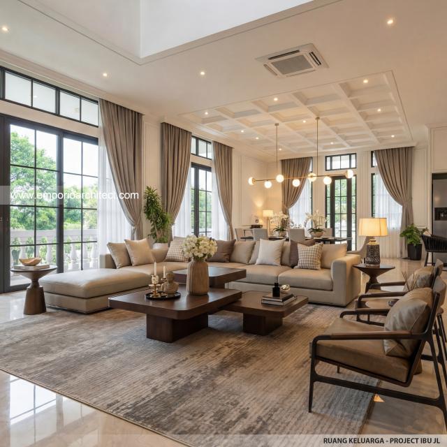 Desain Ruang Keluarga Rumah Mediteran 4 Lantai Ibu JL di PIK, Jakarta Utara