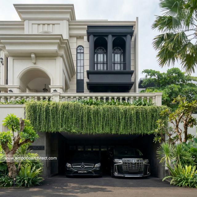 Desain Tampak Detail Depan 4 Rumah Mediteran 4 Lantai Ibu JL di PIK, Jakarta Utara