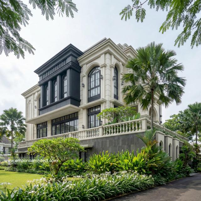 Desain Tampak Samping Rumah Mediteran 4 Lantai Ibu JL di PIK, Jakarta Utara