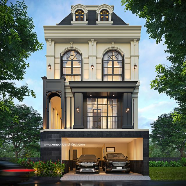 Desain Tampak Depan Rumah Mediteran 4 Lantai Bapak BM di Yogyakarta