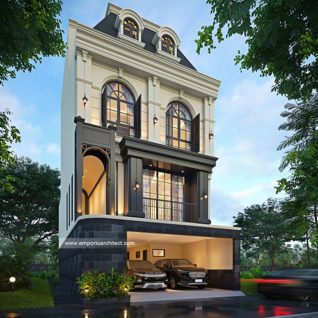 Desain Tampak Depan 2 Rumah Mediteran 4 Lantai Bapak BM di Yogyakarta