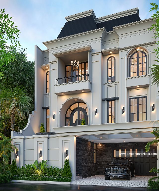 Desain Tampak Depan 2 Rumah Mediteran 4 Lantai Ibu FRD di Jakarta Selatan