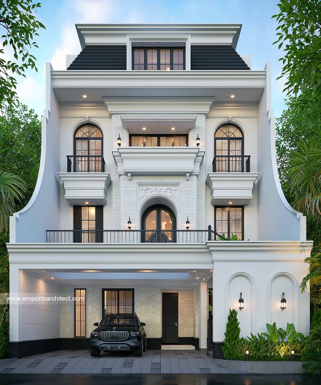 Desain Tampak Depan 3 Rumah Mediteran 4 Lantai Bapak MHN di Pluit, Jakarta Utara
