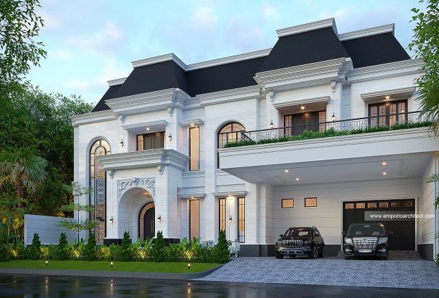 Desain Tampak Depan 2 Rumah Mediteran Klasik 2 Lantai Bapak SML di Sidoarjo, Jawa Timur