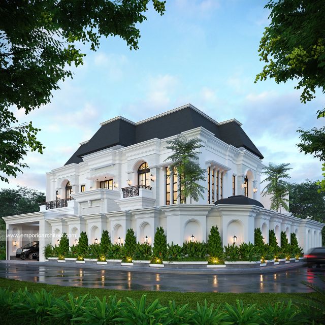 Desain Tampak Hook Dengan Pagar Rumah Mediteran Klasik 2 Lantai Bapak GL di Pulo Mas, Jakarta Timur