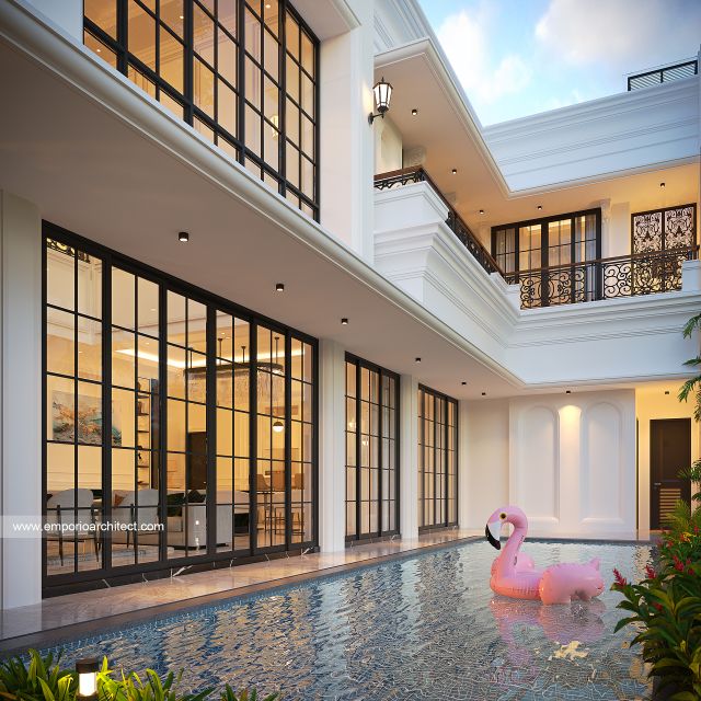 Desain Tampak Detail Belakang Rumah Mediteran Klasik 2 Lantai Bapak GL di Pulo Mas, Jakarta Timur