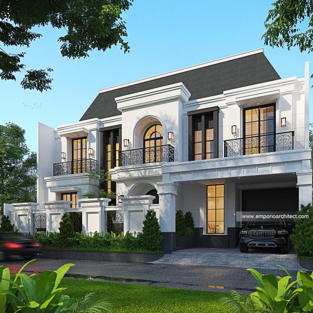 Desain Tampak Depan Dengan Pagar Rumah Mediteran Klasik 2 Lantai Bapak ALX di Cinere, Depok
