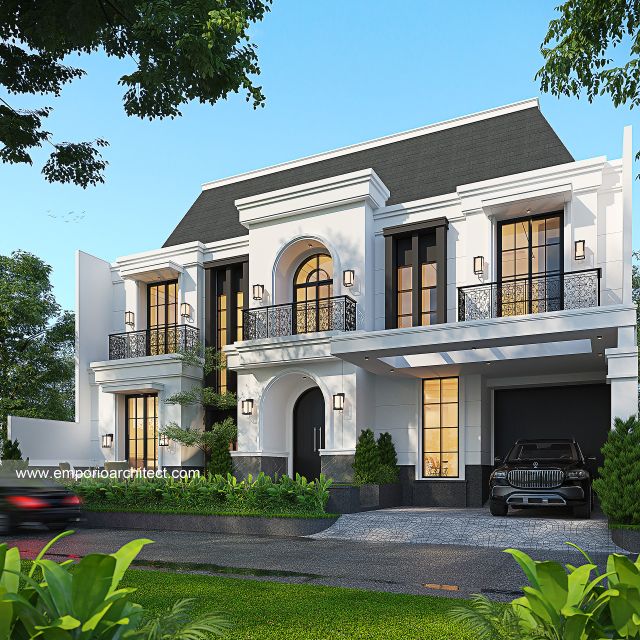 Desain Tampak Depan 2 Rumah Mediteran Klasik 2 Lantai Bapak ALX di Cinere, Depok