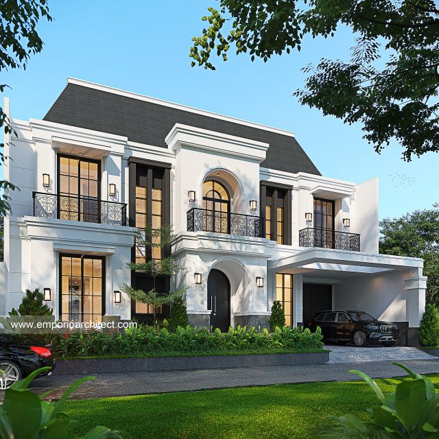 Desain Tampak Depan 3 Rumah Mediteran Klasik 2 Lantai Bapak ALX di Cinere, Depok