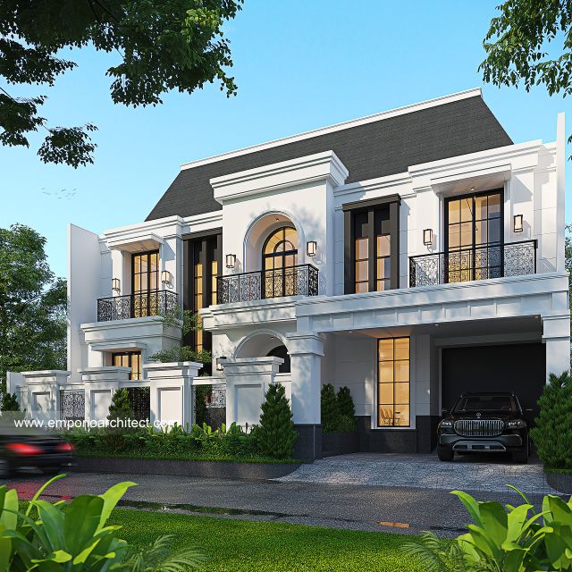 Desain Tampak Depan Dengan Pagar Rumah Mediteran Klasik 2 Lantai Bapak ALX di Cinere, Depok