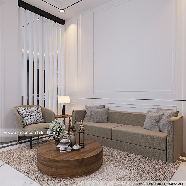 Desain Ruang Tamu Rumah Mediteran Klasik 2 Lantai Bapak ALX di Cinere, Depok