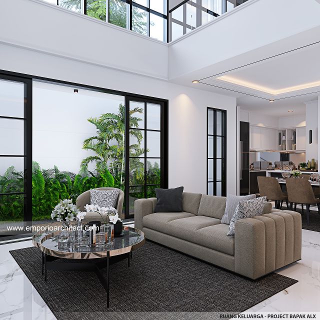 Desain Ruang Keluarga Rumah Mediteran Klasik 2 Lantai Bapak ALX di Cinere, Depok