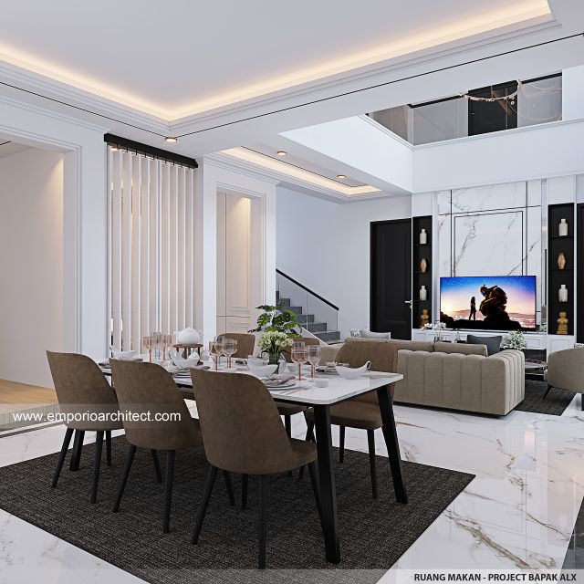 Desain Ruang Makan Rumah Mediteran Klasik 2 Lantai Bapak ALX di Cinere, Depok