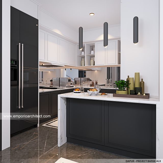 Desain Dapur Rumah Mediteran Klasik 2 Lantai Bapak ALX di Cinere, Depok