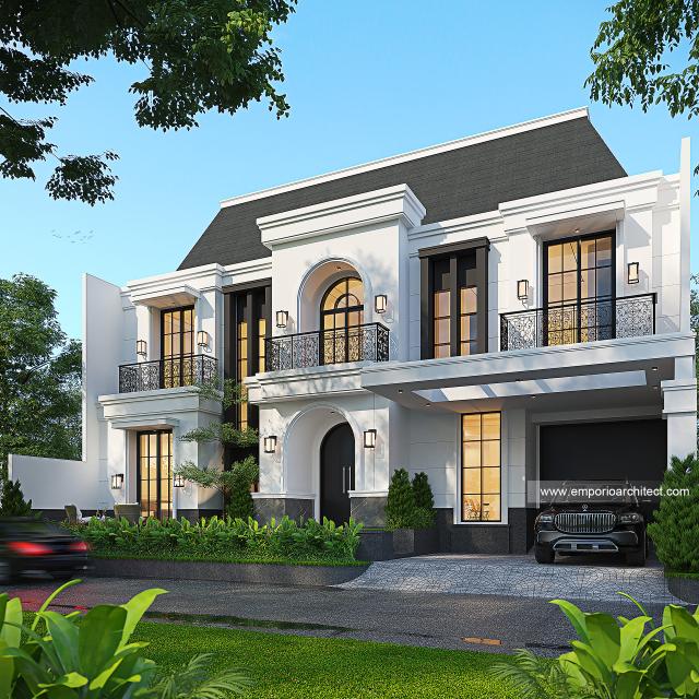 Desain Tampak Depan 2 Rumah Mediteran Klasik 2 Lantai Bapak ALX di Cinere, Depok