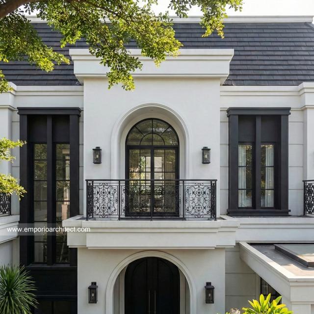 Desain Tampak Detail Depan 2 Rumah Mediteran Klasik 2 Lantai Bapak ALX di Cinere, Depok