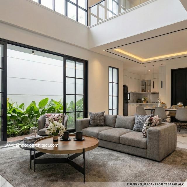 Desain Ruang Keluarga Rumah Mediteran Klasik 2 Lantai Bapak ALX di Cinere, Depok