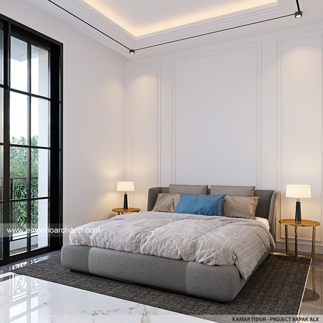 Desain Kamar Tidur Rumah Mediteran Klasik 2 Lantai Bapak ALX di Cinere, Depok