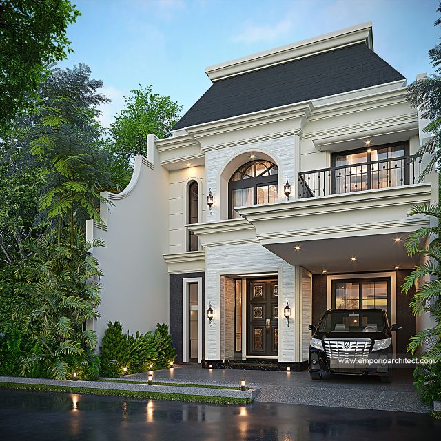 Desain Tampak Depan 2 Rumah Mediteran Klasik 2 Lantai Ibu A di Rawamangun, Jakarta Timur