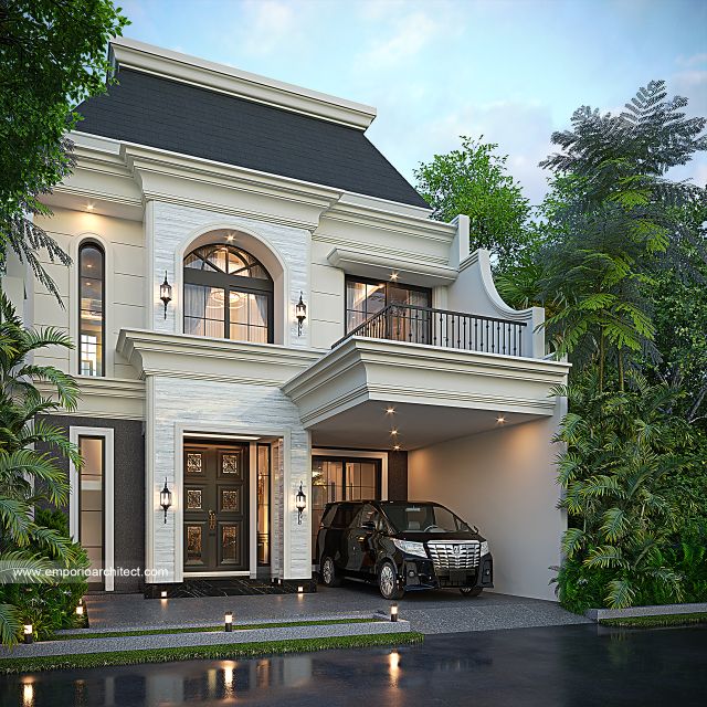 Desain Tampak Depan 3 Rumah Mediteran Klasik 2 Lantai Ibu A di Rawamangun, Jakarta Timur