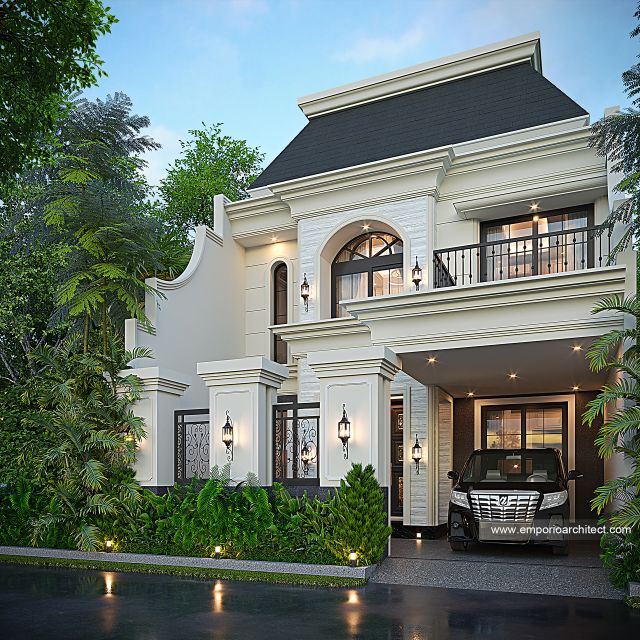 Desain Tampak Depan Dengan Pagar Rumah Mediteran Klasik 2 Lantai Ibu A di Rawamangun, Jakarta Timur